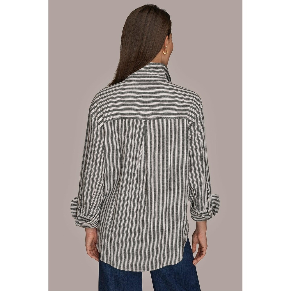 Donna Karan Weekend Striped Linen-Blend Shirt L Coastal Preppy Travel Breathable - Picture 9 of 16